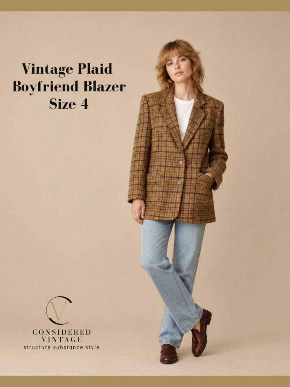 Womens Tan Plaid Boyfriend Single-Breasted Blazer Jacket